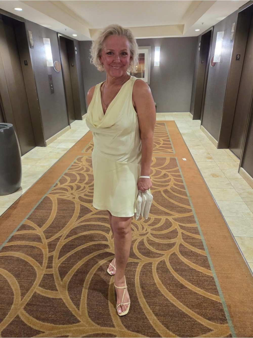 French Connection Pale Yellow Draped Cowl Midi Dress